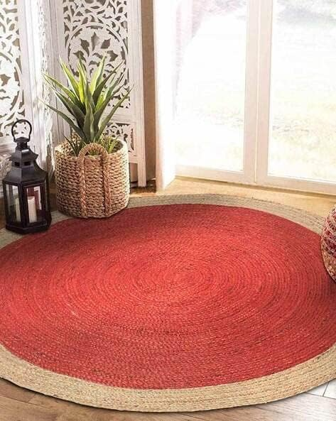 Handwoven Red Jute Round Rug with Natural Border Braided Boho Area Rug
