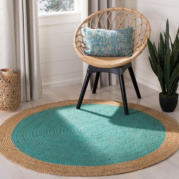 Handwoven Round Jute Rug with Turquoise Center | Natural Braided Area Rug | Coastal Boho Living Room Rug