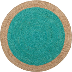 Handwoven Round Jute Rug with Turquoise Center | Natural Braided Area Rug | Coastal Boho Living Room Rug