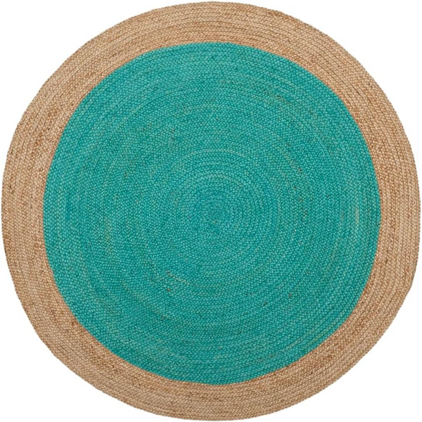 Handwoven Round Jute Rug with Turquoise Center | Natural Braided Area Rug | Coastal Boho Living Room Rug