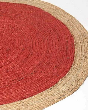 Handwoven Red Jute Round Rug with Natural Border Braided Boho Area Rug