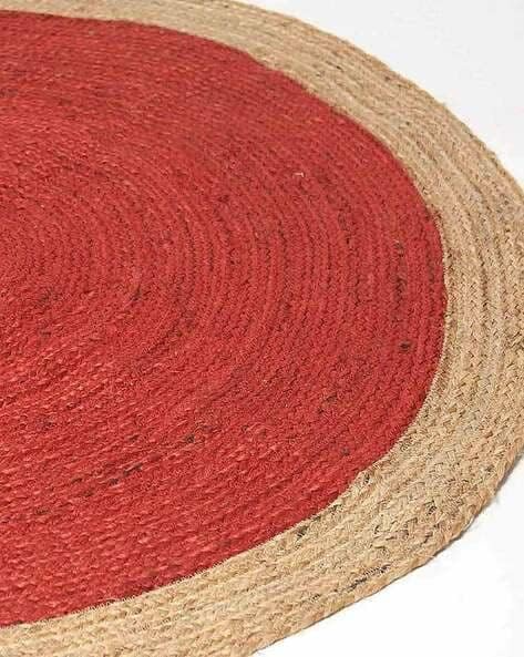 Handwoven Red Jute Round Rug with Natural Border Braided Boho Area Rug