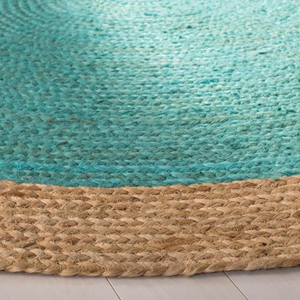 Handwoven Round Jute Rug with Turquoise Center | Natural Braided Area Rug | Coastal Boho Living Room Rug