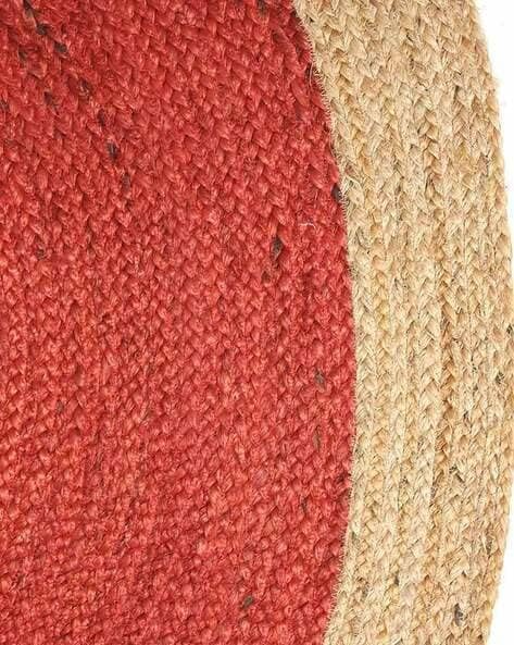 Handwoven Red Jute Round Rug with Natural Border Braided Boho Area Rug