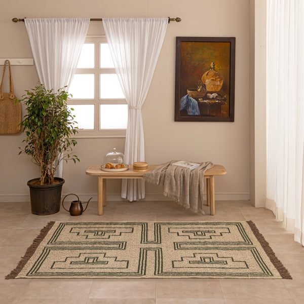 Vintage Southwestern Geometric Area Rug - Cream & Green Tribal Boho Rug with Fringe