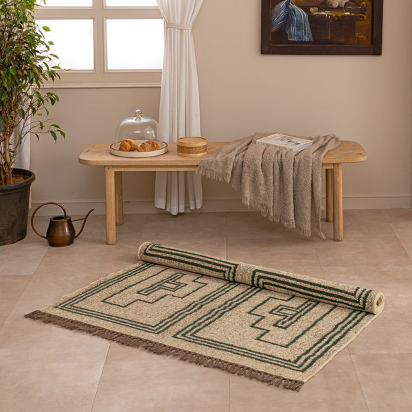 Vintage Southwestern Geometric Area Rug - Cream & Green Tribal Boho Rug with Fringe