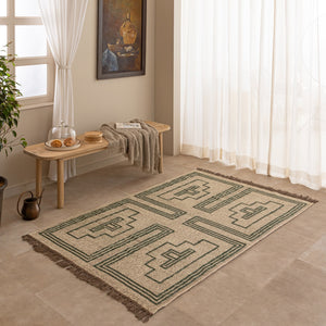 Vintage Southwestern Geometric Area Rug - Cream & Green Tribal Boho Rug with Fringe
