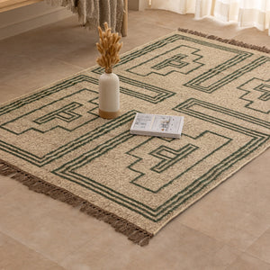 Vintage Southwestern Geometric Area Rug - Cream & Green Tribal Boho Rug with Fringe