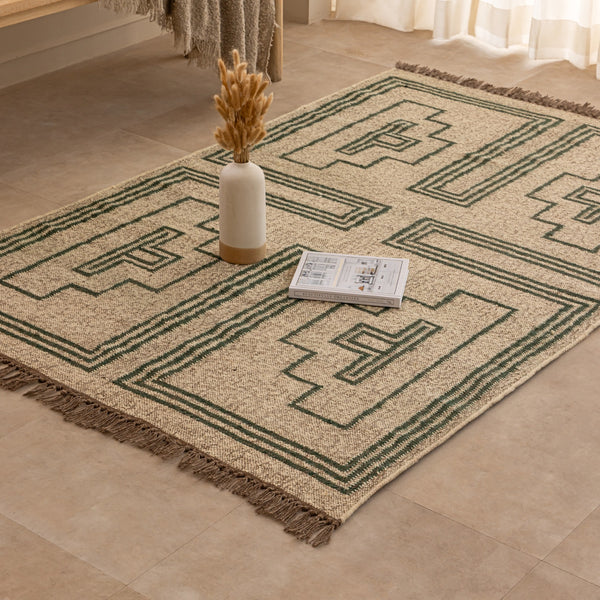 Vintage Southwestern Geometric Area Rug - Cream & Green Tribal Boho Rug with Fringe