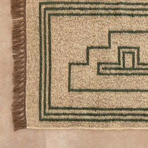 Vintage Southwestern Geometric Area Rug - Cream & Green Tribal Boho Rug with Fringe