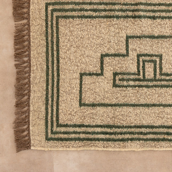 Vintage Southwestern Geometric Area Rug - Cream & Green Tribal Boho Rug with Fringe