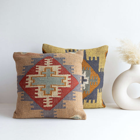 Rustic Geometric Wool Jute Cushion Cover Set of 2 - Gahlot International