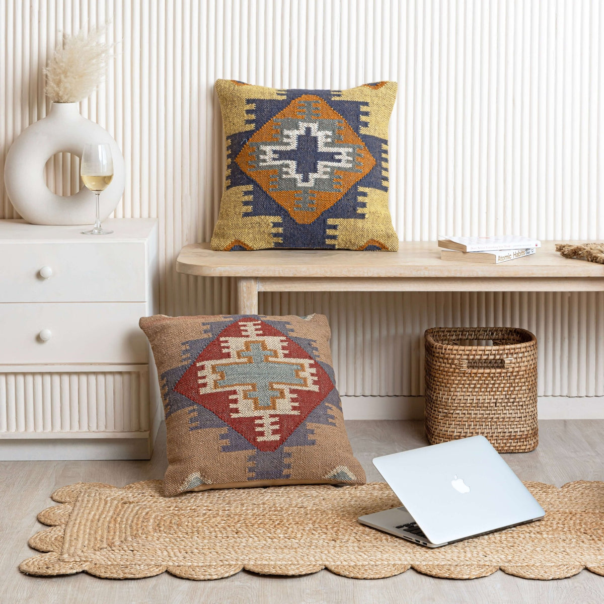 Rustic Geometric Wool Jute Cushion Cover Set of 2 - Gahlot International