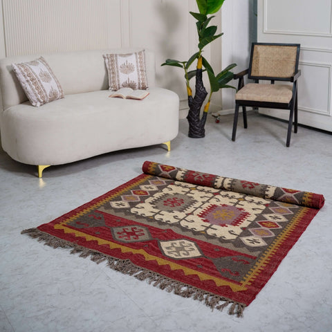 Rustic Red and Beige Jute - Wool Blend Flatweave Rug with Intricate Geometric Motifs - Gahlot International