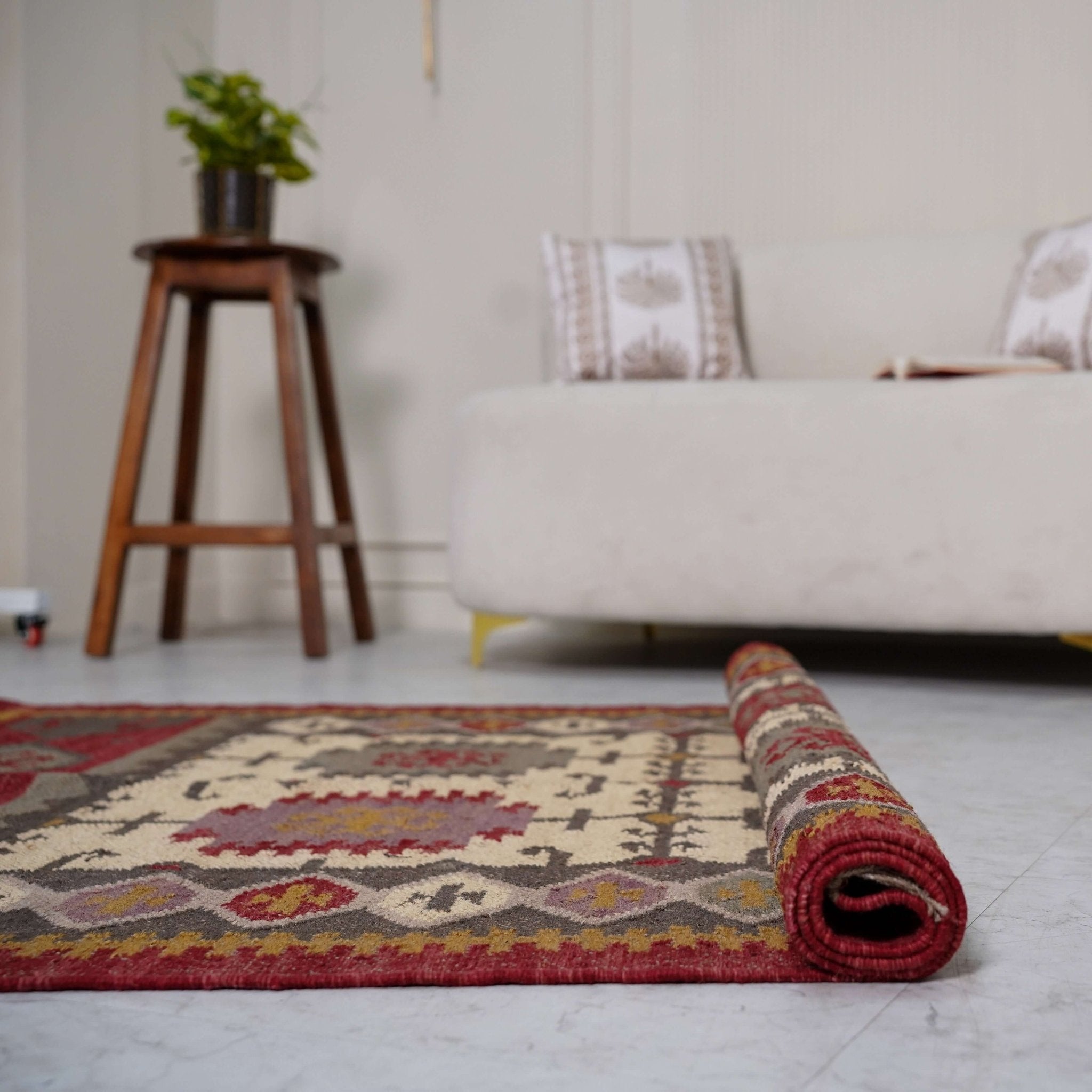 Rustic Red and Beige Jute - Wool Blend Flatweave Rug with Intricate Geometric Motifs - Gahlot International