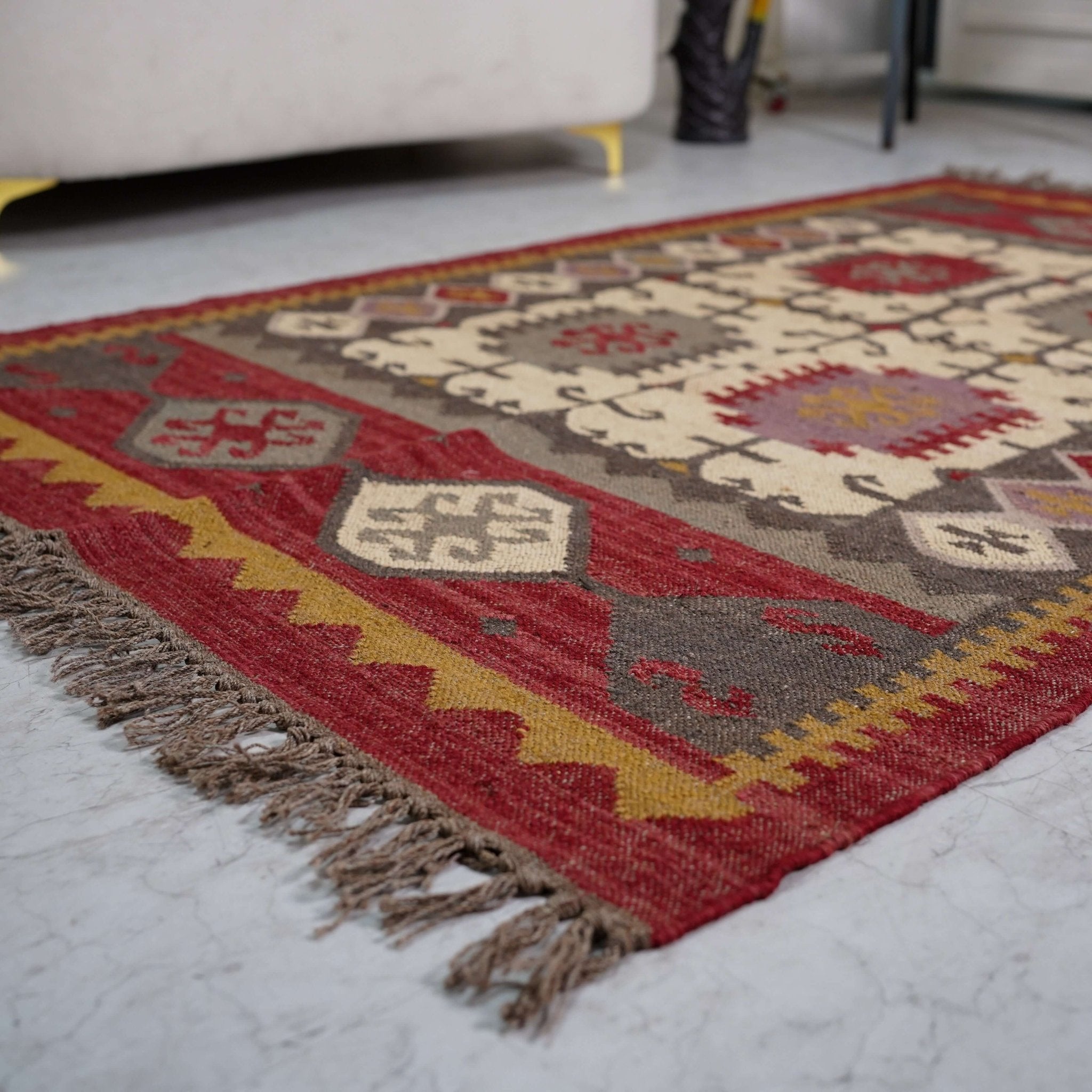 Rustic Red and Beige Jute - Wool Blend Flatweave Rug with Intricate Geometric Motifs - Gahlot International