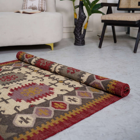 Rustic Red and Beige Jute - Wool Blend Flatweave Rug with Intricate Geometric Motifs - Gahlot International