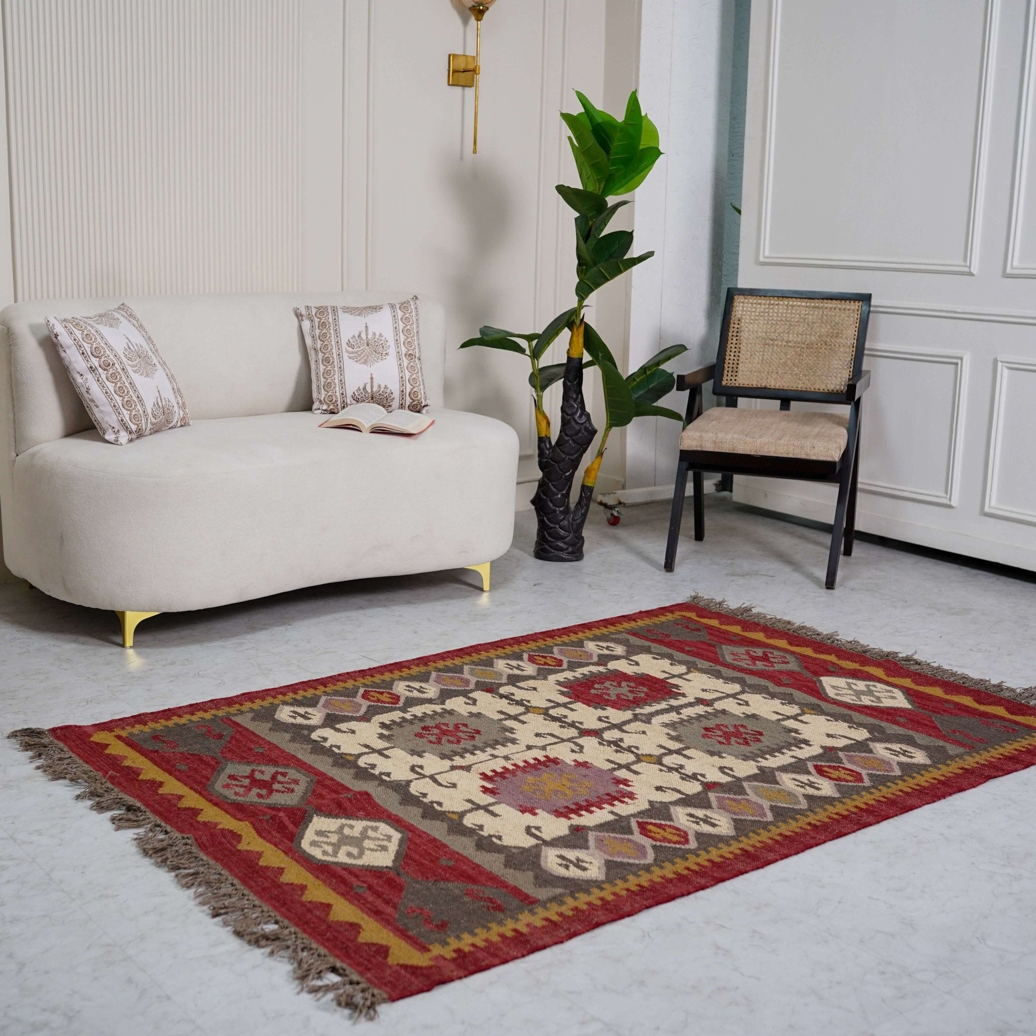 Rustic Red and Beige Jute - Wool Blend Flatweave Rug with Intricate Geometric Motifs - Gahlot International