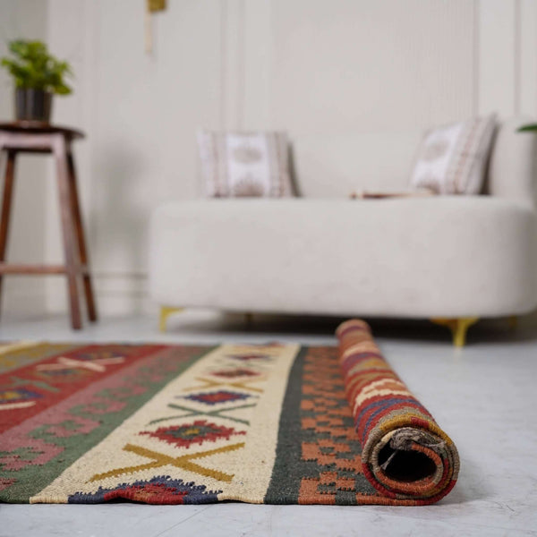 Rustic Striped Kilim - Inspired Wool - Jute Rug ¬ Handcrafted Flatweave with Traditional Indian Geometric Pattern - Gahlot International