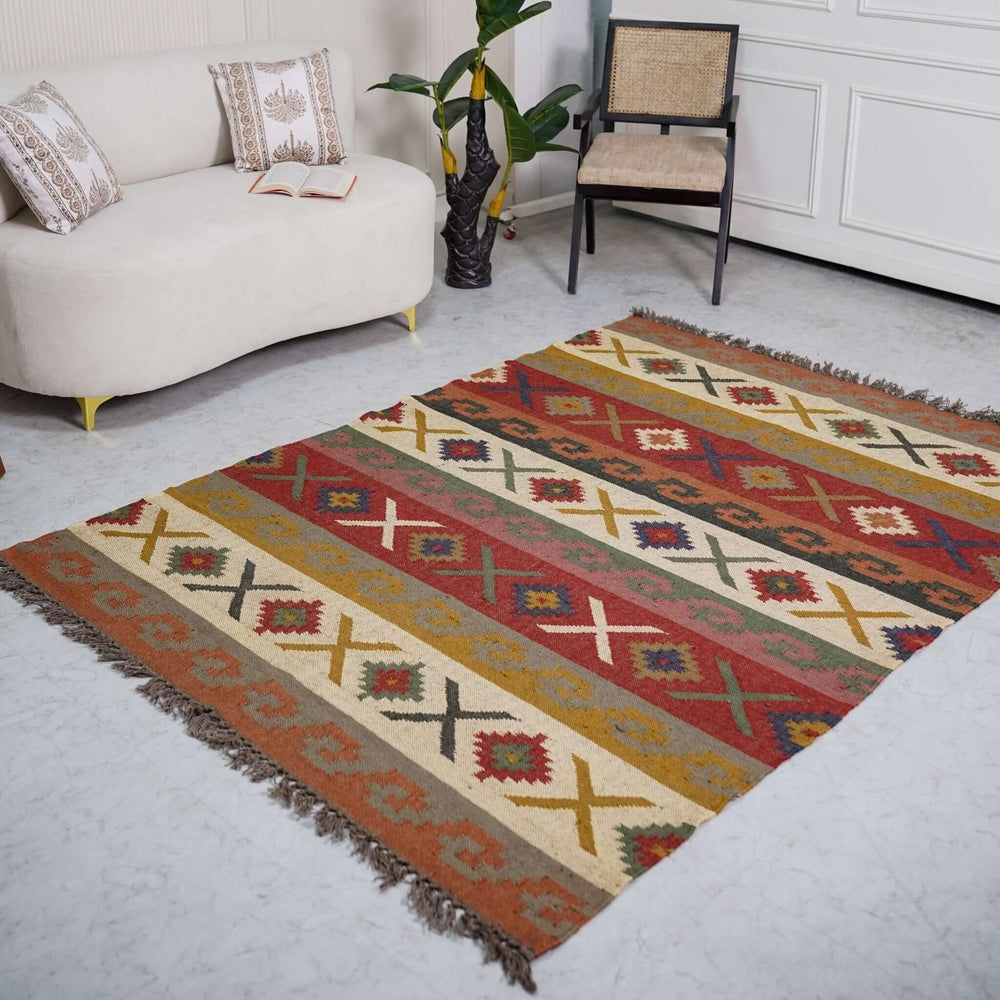 Rustic Striped Kilim - Inspired Wool - Jute Rug ¬ Handcrafted Flatweave with Traditional Indian Geometric Pattern - Gahlot International
