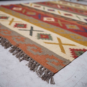 Rustic Striped Kilim - Inspired Wool - Jute Rug ¬ Handcrafted Flatweave with Traditional Indian Geometric Pattern - Gahlot International