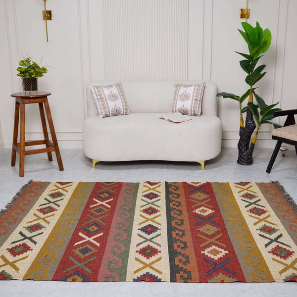 Rustic Striped Kilim - Inspired Wool - Jute Rug ¬ Handcrafted Flatweave with Traditional Indian Geometric Pattern - Gahlot International