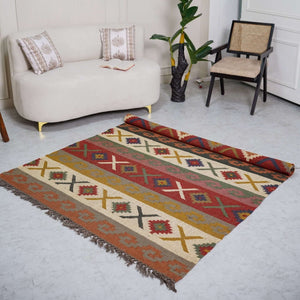 Rustic Striped Kilim - Inspired Wool - Jute Rug ¬ Handcrafted Flatweave with Traditional Indian Geometric Pattern - Gahlot International