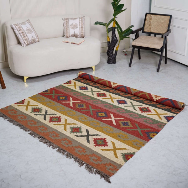 Rustic Striped Kilim - Inspired Wool - Jute Rug ¬ Handcrafted Flatweave with Traditional Indian Geometric Pattern - Gahlot International