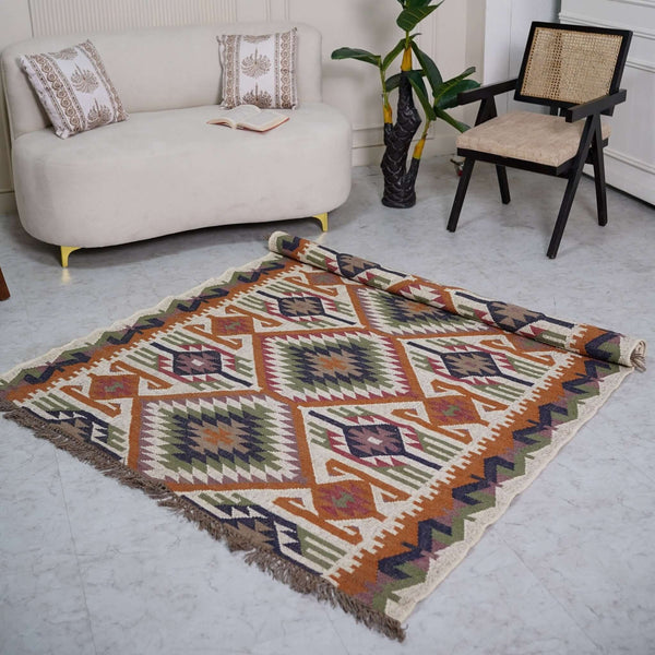 Traditional Indian Kilim Style Wool - Jute Rug ¬ Handcrafted with Intricate Geometric Patterns - Gahlot International