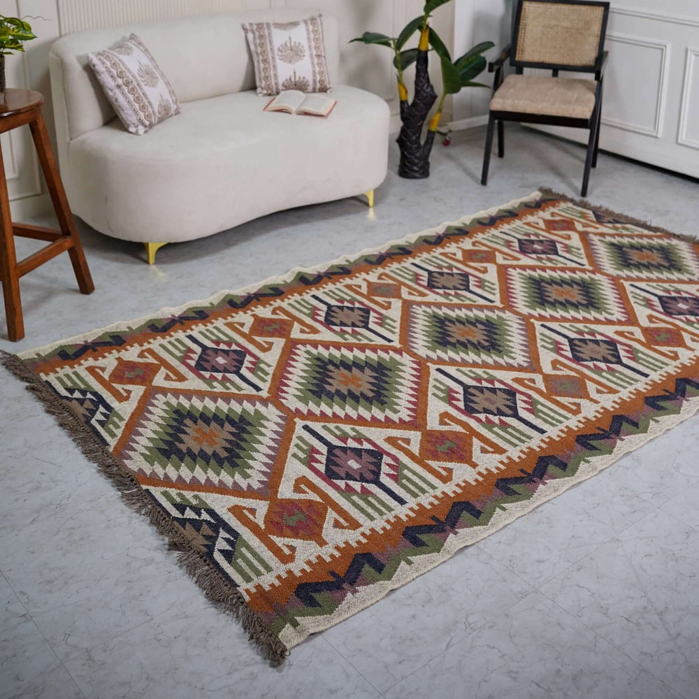 Traditional Indian Kilim Style Wool - Jute Rug ¬ Handcrafted with Intricate Geometric Patterns - Gahlot International