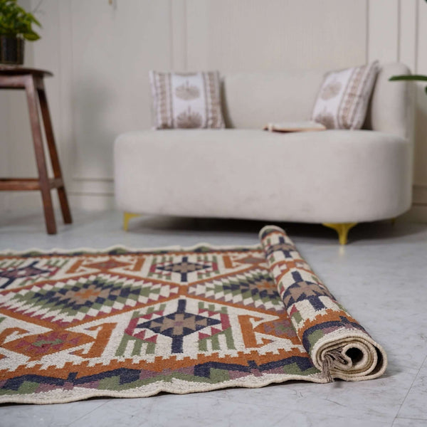 Traditional Indian Kilim Style Wool - Jute Rug ¬ Handcrafted with Intricate Geometric Patterns - Gahlot International