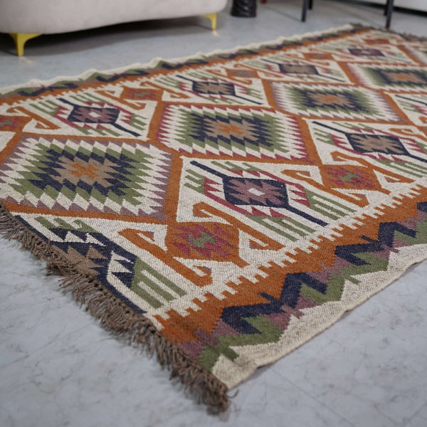 Traditional Indian Kilim Style Wool - Jute Rug ¬ Handcrafted with Intricate Geometric Patterns - Gahlot International