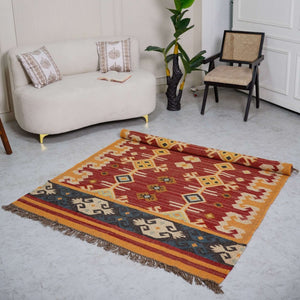 Traditional Jute - Wool Rug with Geometric Diamond Motifs ¬ Handcrafted Kilim Design - Gahlot International
