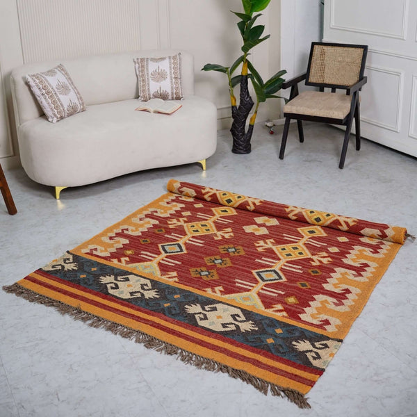 Traditional Jute - Wool Rug with Geometric Diamond Motifs ¬ Handcrafted Kilim Design - Gahlot International