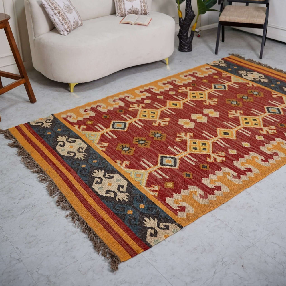 Traditional Jute - Wool Rug with Geometric Diamond Motifs ¬ Handcrafted Kilim Design - Gahlot International