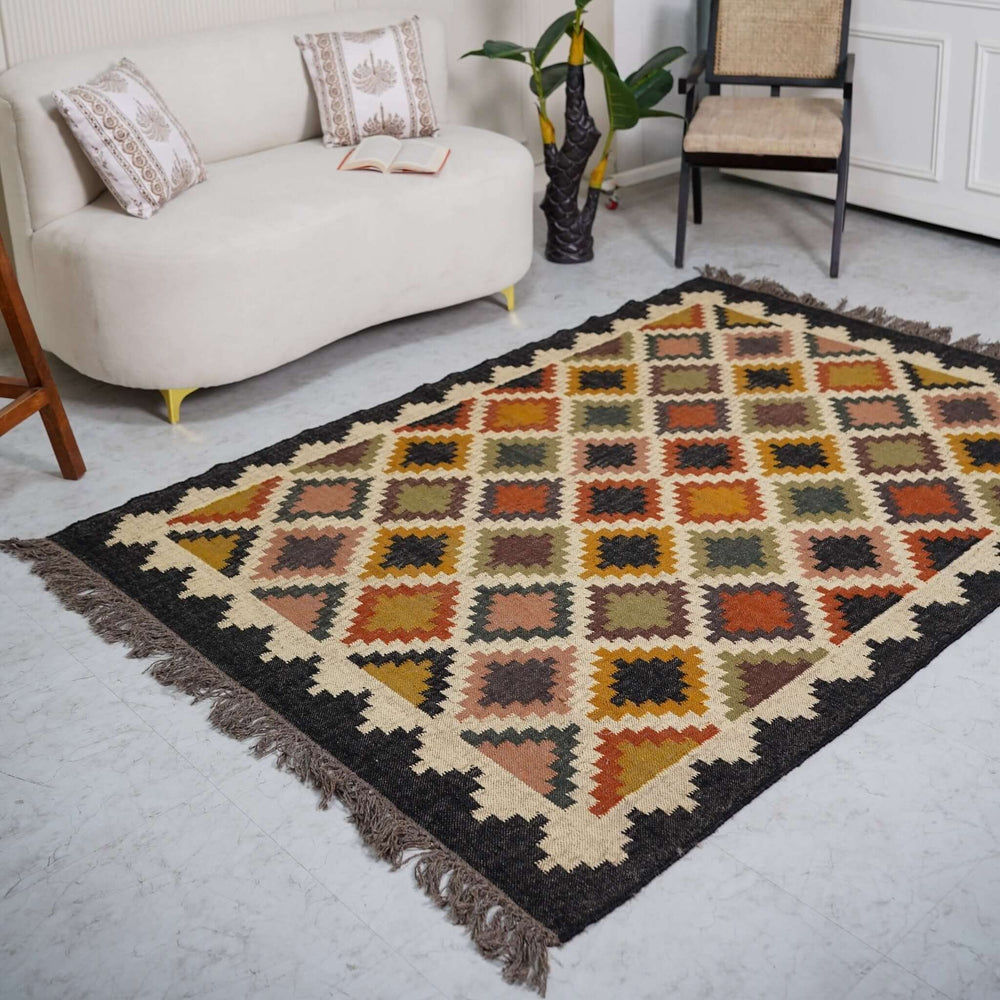 Traditional Jute - Wool Rug with Geometric Diamond Motifs ¬ Handcrafted Kilim Design - Gahlot International