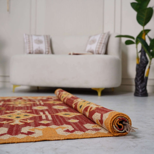 Traditional Jute - Wool Rug with Geometric Diamond Motifs ¬ Handcrafted Kilim Design - Gahlot International
