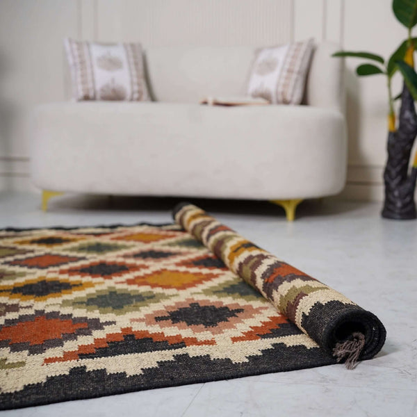 Traditional Jute - Wool Rug with Geometric Diamond Motifs ¬ Handcrafted Kilim Design - Gahlot International