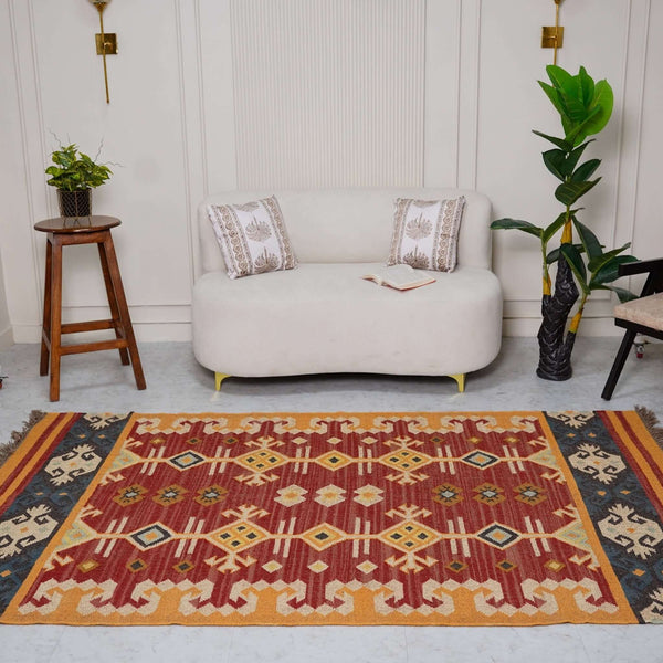 Traditional Jute - Wool Rug with Geometric Diamond Motifs ¬ Handcrafted Kilim Design - Gahlot International
