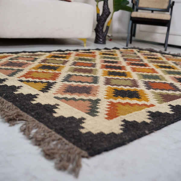 Traditional Jute - Wool Rug with Geometric Diamond Motifs ¬ Handcrafted Kilim Design - Gahlot International