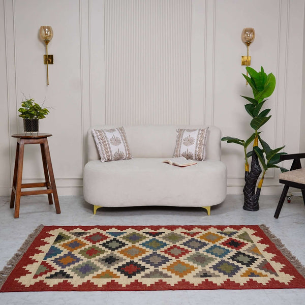 Vibrant Geometric Jute - Wool Flatweave Rug ¬ Handcrafted in Multi - Color Diamond Design - Gahlot International