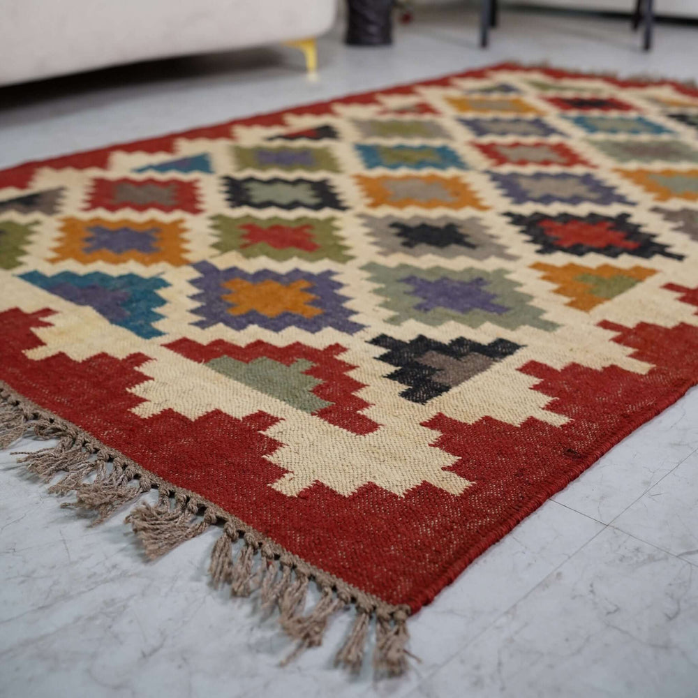 Vibrant Geometric Jute - Wool Flatweave Rug ¬ Handcrafted in Multi - Color Diamond Design - Gahlot International