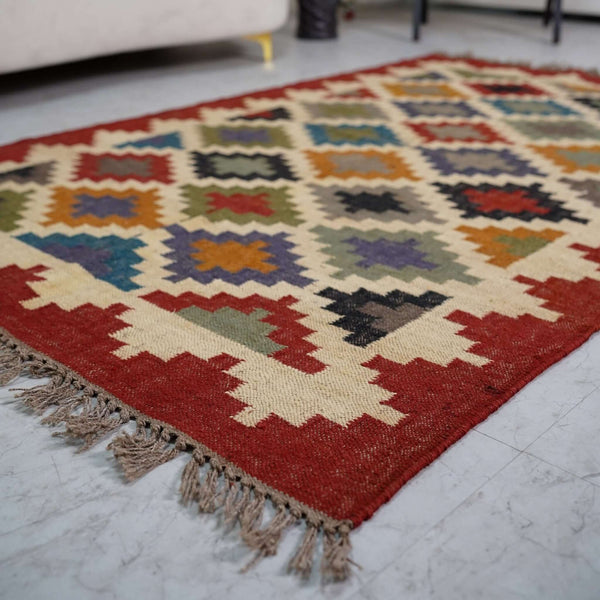 Vibrant Geometric Jute - Wool Flatweave Rug ¬ Handcrafted in Multi - Color Diamond Design - Gahlot International
