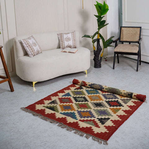 Vibrant Geometric Jute - Wool Flatweave Rug – Handcrafted in Multi - Color Diamond Design - Gahlot International