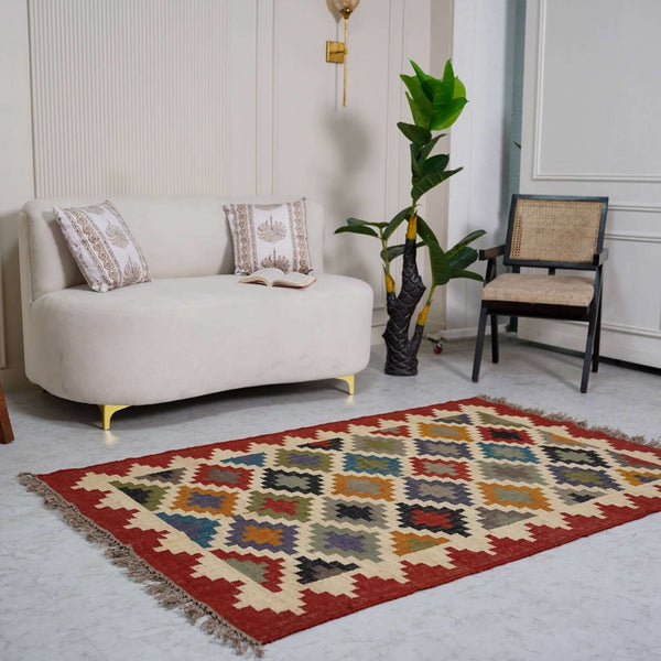 Vibrant Geometric Jute - Wool Flatweave Rug ¬ Handcrafted in Multi - Color Diamond Design - Gahlot International