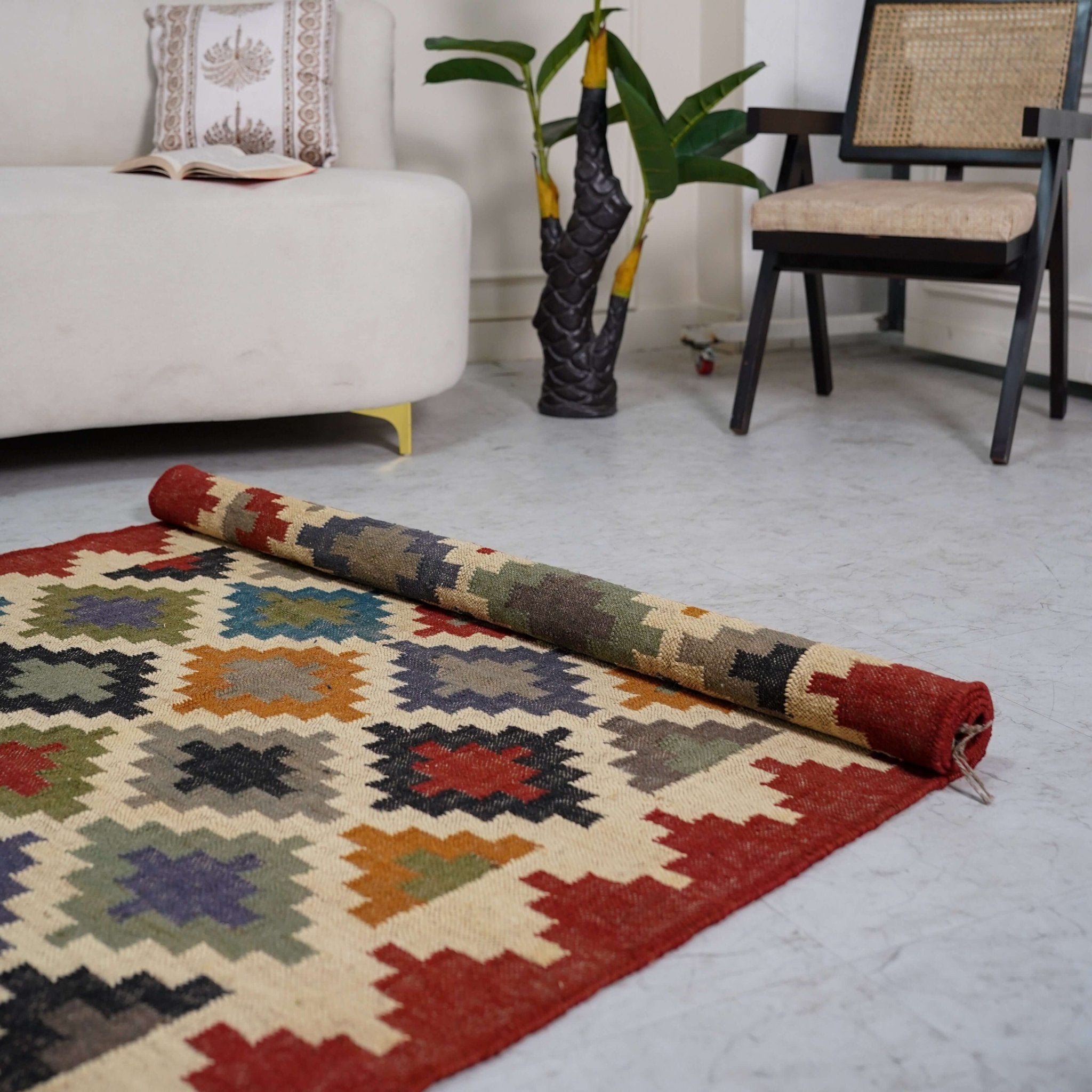 Vibrant Geometric Jute - Wool Flatweave Rug – Handcrafted in Multi - Color Diamond Design - Gahlot International