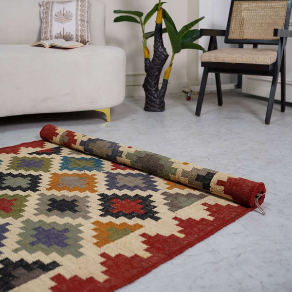 Vibrant Geometric Jute - Wool Flatweave Rug ¬ Handcrafted in Multi - Color Diamond Design - Gahlot International