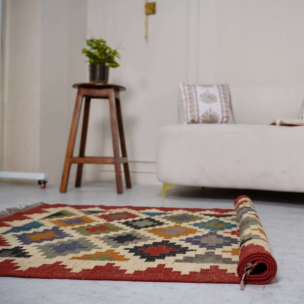 Vibrant Geometric Jute - Wool Flatweave Rug ¬ Handcrafted in Multi - Color Diamond Design - Gahlot International
