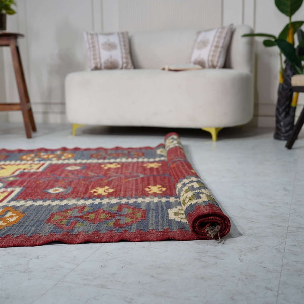 Vintage Wool - Jute Kilim Rug ¬ Handwoven with Ethnic Geometric Design - Gahlot International