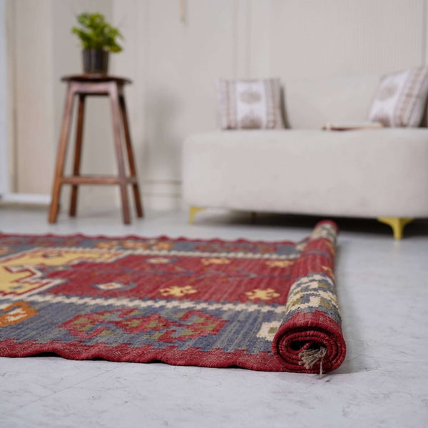 Vintage Wool - Jute Kilim Rug ¬ Handwoven with Ethnic Geometric Design - Gahlot International